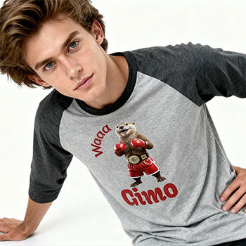 Men's grey and charcoal raglan baseball tee featuring a funny boxing otter graphic with Waaa Gimo text.