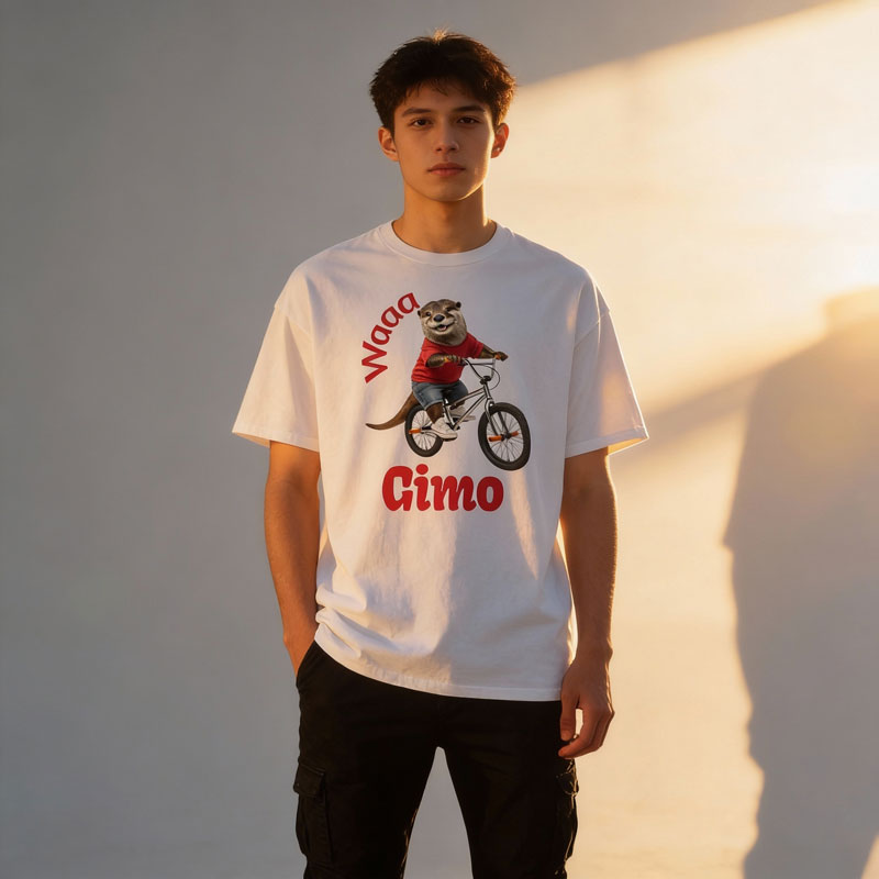 Young  male  wear t-shirt with graphic of Otter on BMX bike design and text, standing against a neutral background.
