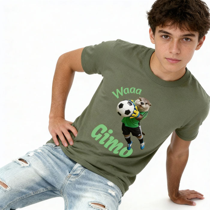 Young male wearing a green t-shirt with a graphic design Otter football goalkeeper, and text, posing on a white background