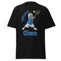 Black t-shirt with a graphic of an otter playing tennis and text 'Waaa Cimo' on a white background