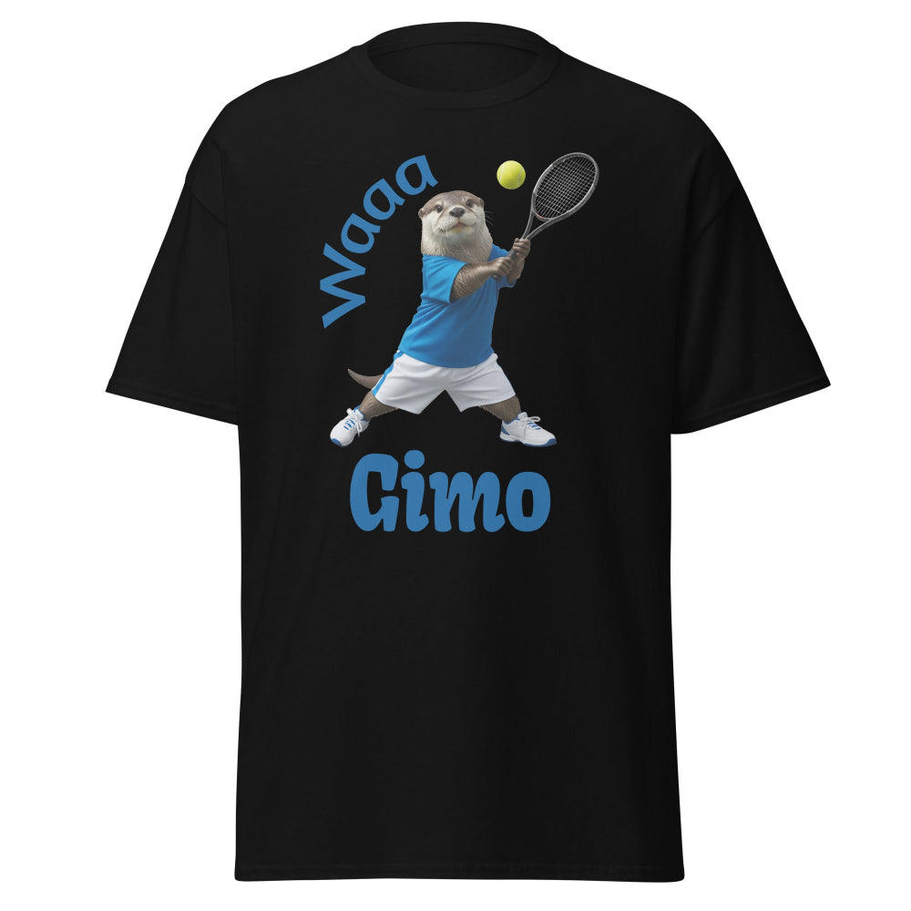 Black t-shirt with a graphic of an otter playing tennis and text 'Waaa Cimo' on a white background
