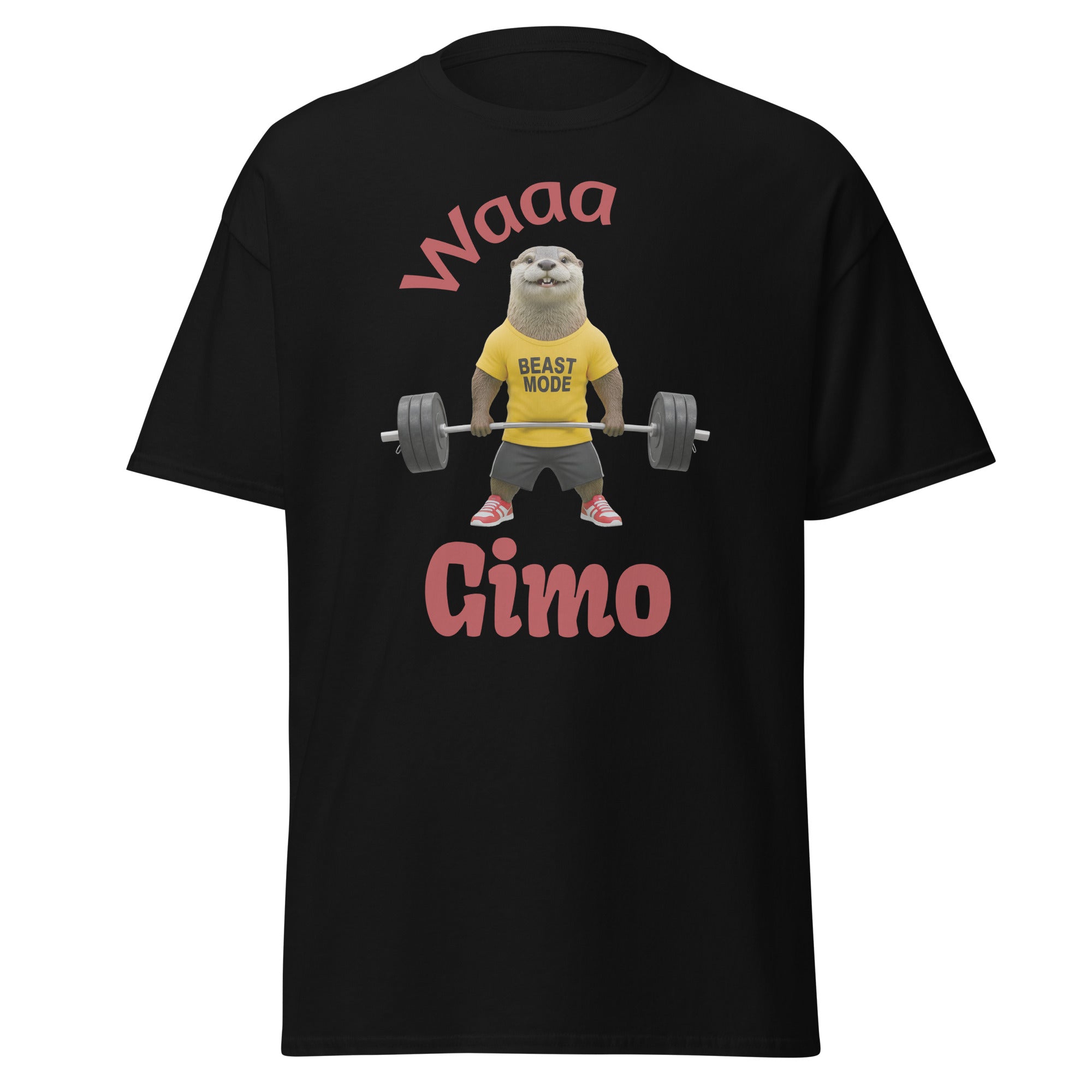 Black t-shirt with a graphic of a bear lifting weights and text 'Waa Gimo' on a white background