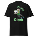 Black t-shirt with a graphic of an otter playing soccer (football), and text 'Waaa Gimo' on a white background
