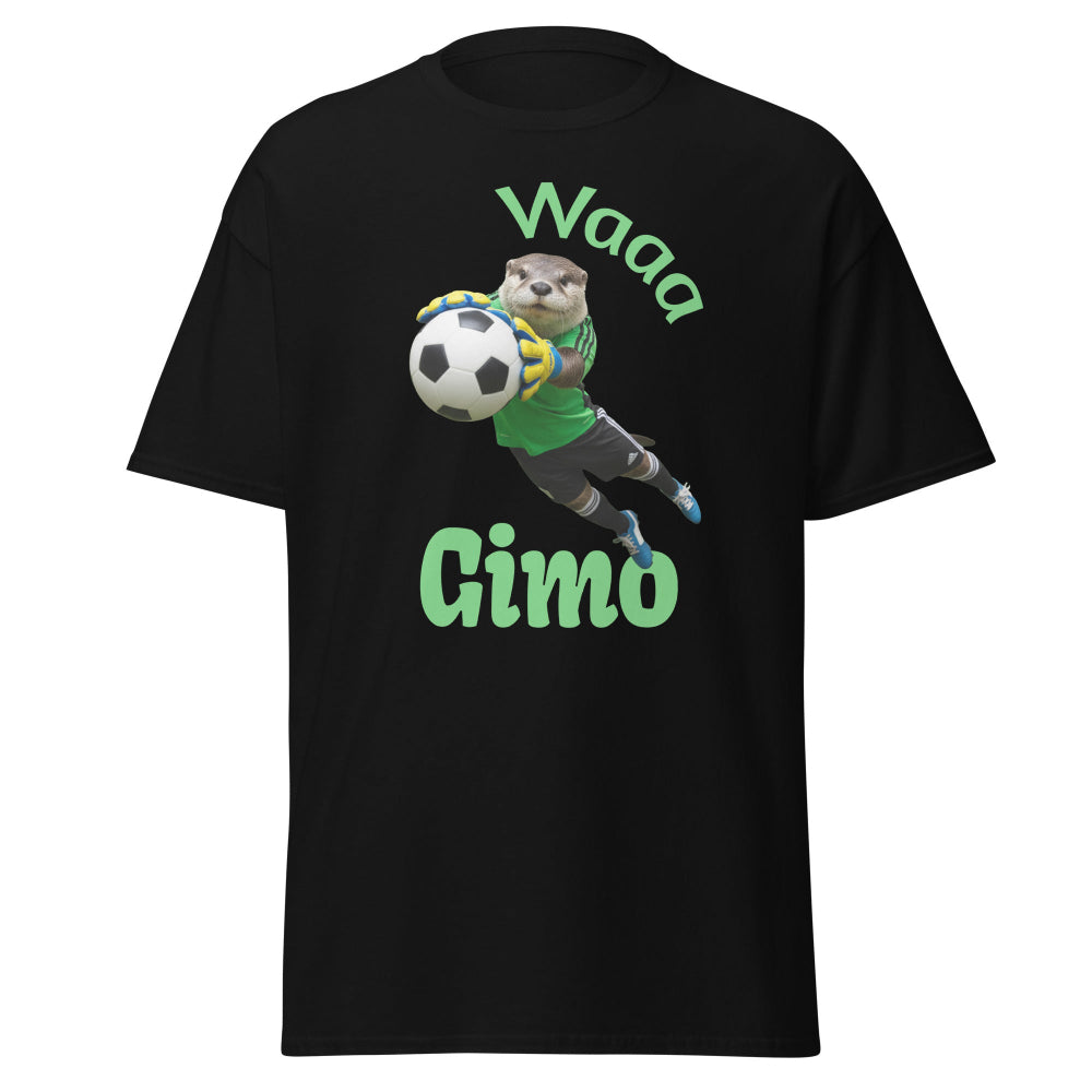 Black t-shirt with a graphic of an otter playing soccer (football), and text 'Waaa Gimo' on a white background