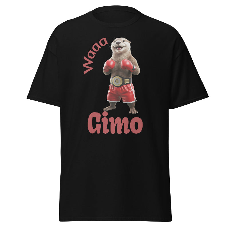 Black t-shirt with a graphic of a boxing otter and text 'Waa Cimo' on a white background