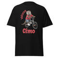 Black t-shirt with a graphic of an otter on a bike and text 'Waa Cimo' on a white background