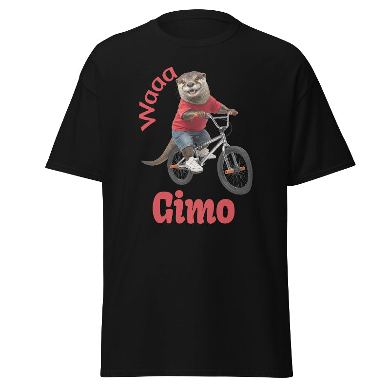 Black t-shirt with a graphic of an otter on a bike and text 'Waa Cimo' on a white background