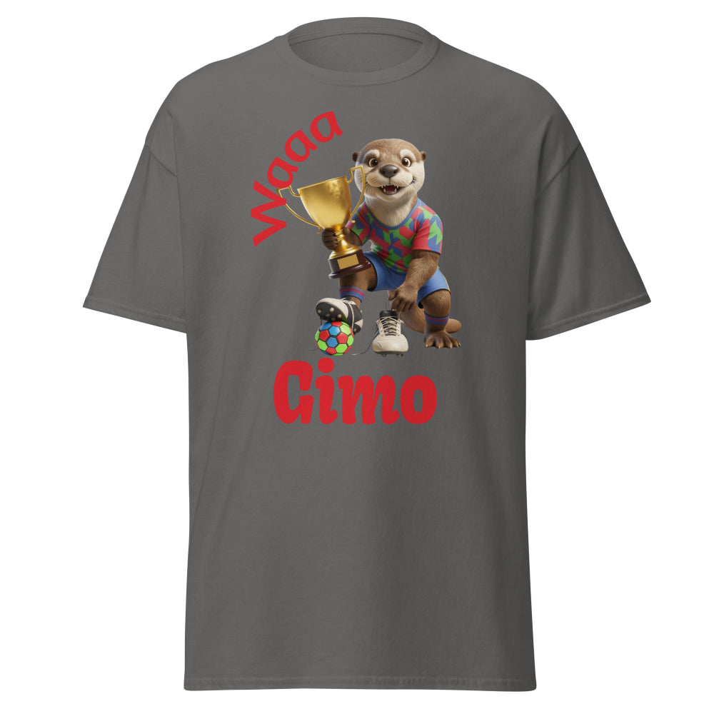  T-shirt with cartoon character holding a trophy and text on a white background