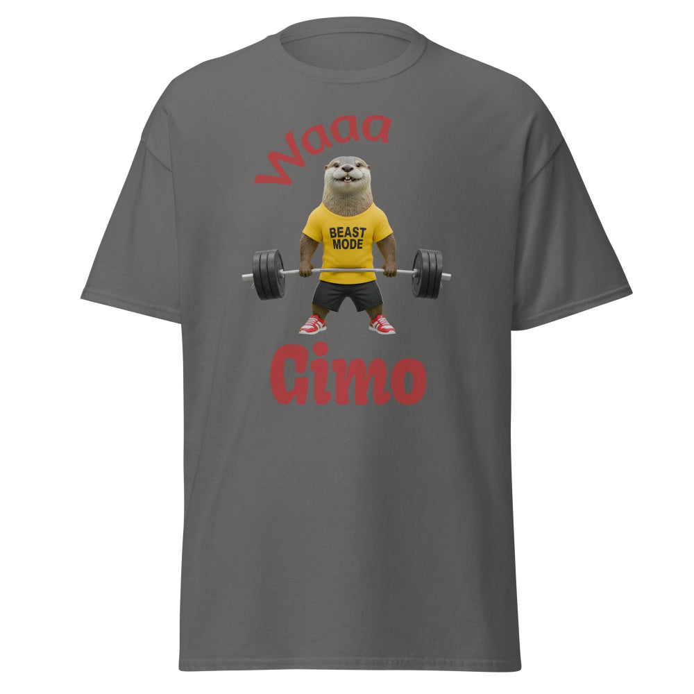 Gray t-shirt with a graphic of an otter lifting weights and text on a white background
