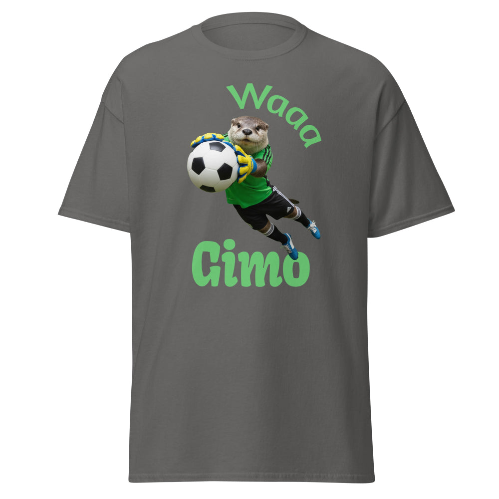 Gray t-shirt with a graphic of an otter playing football and text 'Waaa Gimo' on a white background