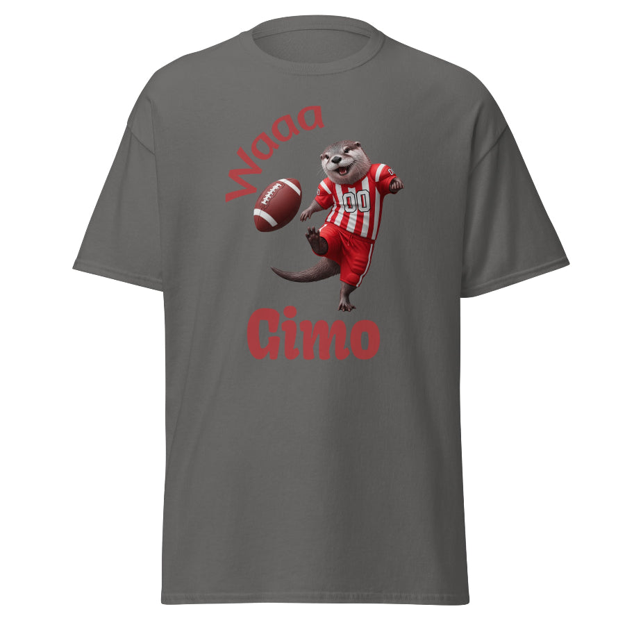 Gray t-shirt with cartoon otter American football, and text on a white background