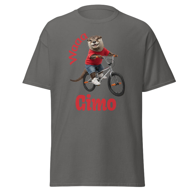 Gray t-shirt with a graphic of a cartoon character on a bike and text 'Waaa Gimo' on a white background