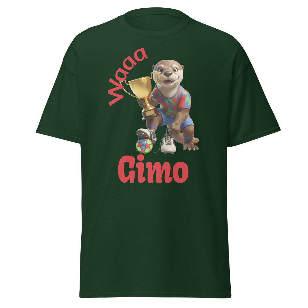 T-shirt with cartoon otter holding a trophy and text 'Waaa Gimo' on a white background