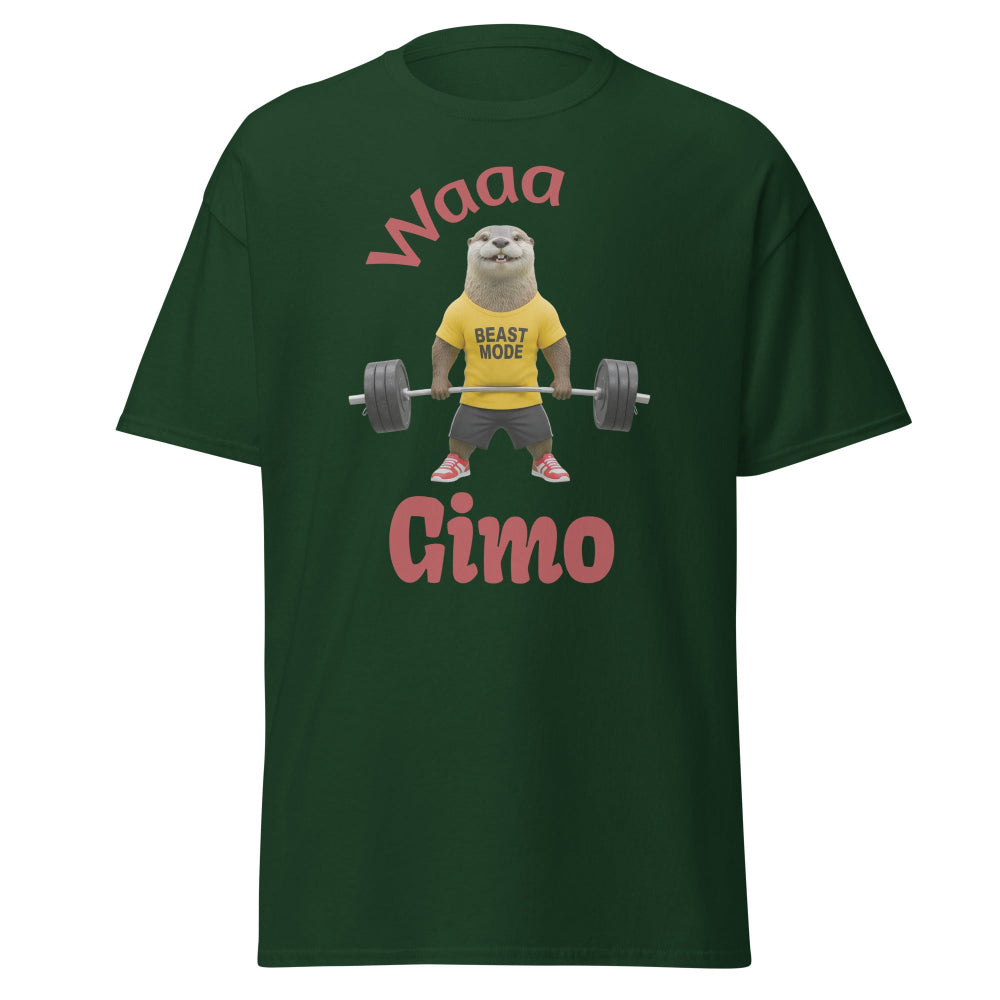 Green t-shirt with a graphic of an otter lifting weights and text 'Waaa Gimo' on a white background