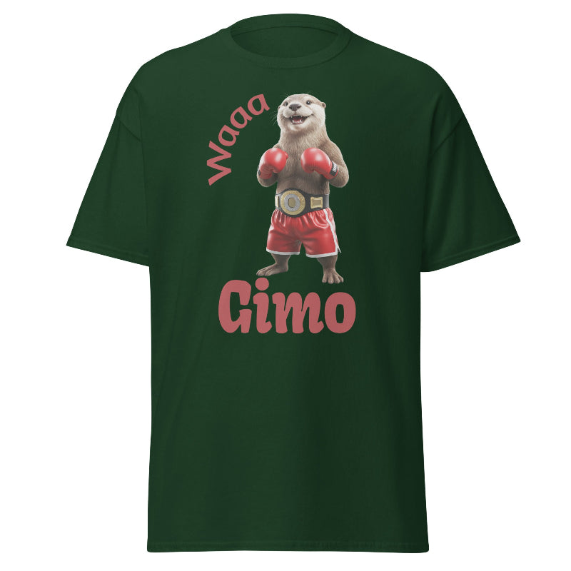 Green t-shirt with a graphic of a bear in boxing shorts and gloves, text 'Waa Gimo', on a white background.