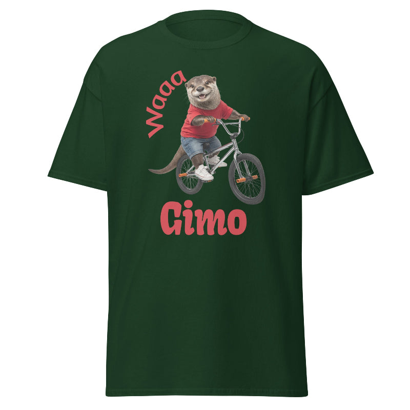 Green t-shirt with an otter riding a bike graphic and text 'Waa Cimo' on a white background