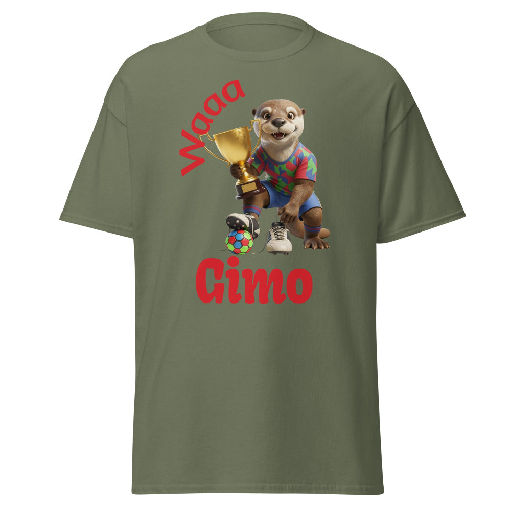  T-shirt with cartoon character holding a trophy and text on a white background