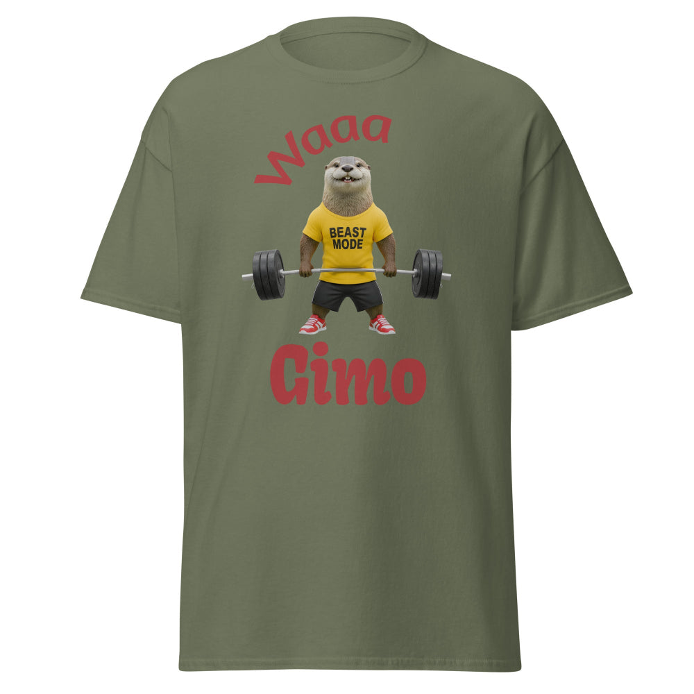 Green t-shirt with a graphic of an otter lifting weights and text 'Waaa Gimo' on a white background