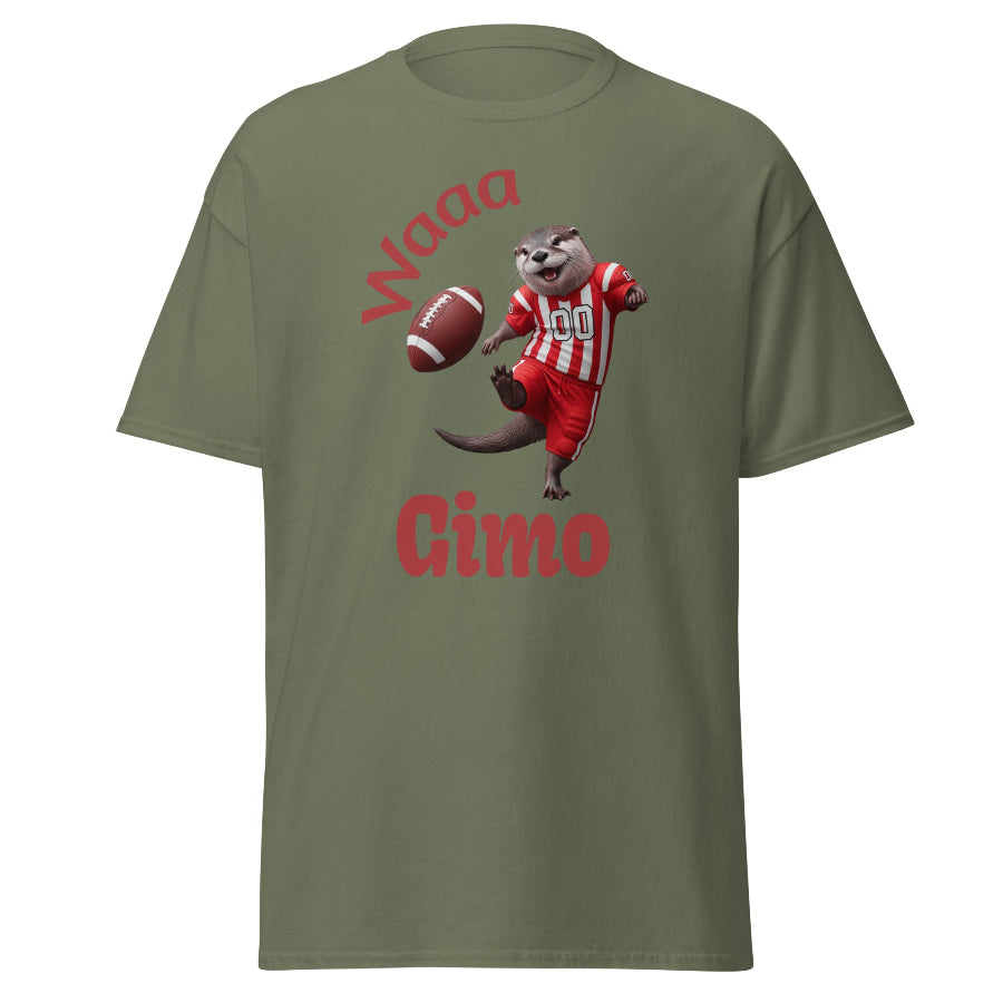 Green t-shirt with cartoon otter American football, and text on a white background