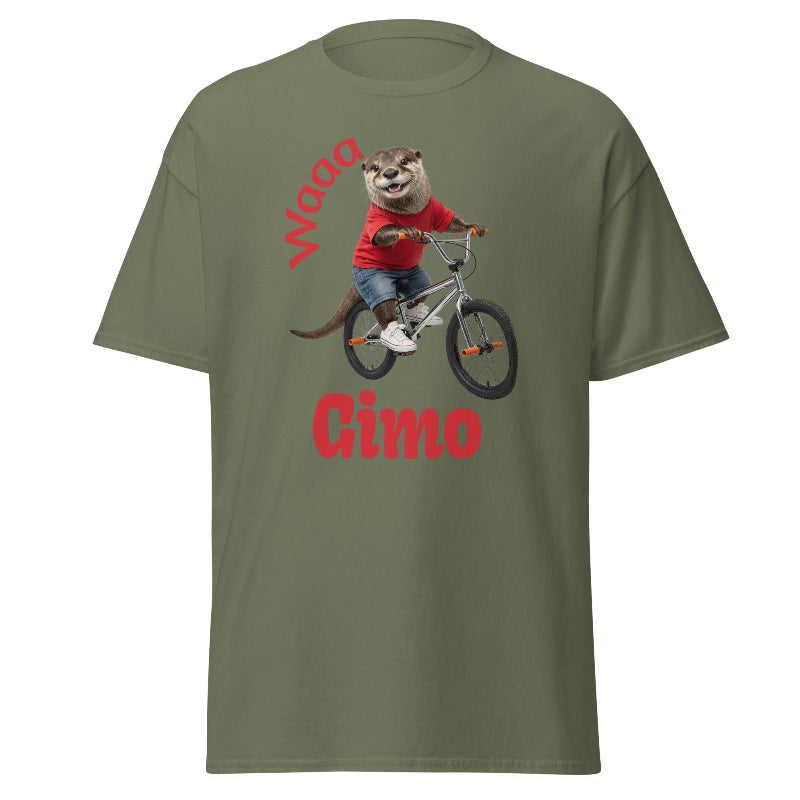 Green t-shirt with an otter on a bike graphic and text 'Waaa Gimo' on a white background