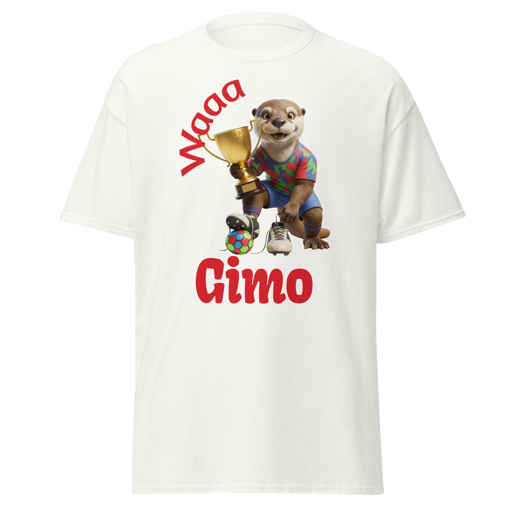  T-shirt with cartoon otter holding a trophy and text 'Waaa Gimo' on a white background