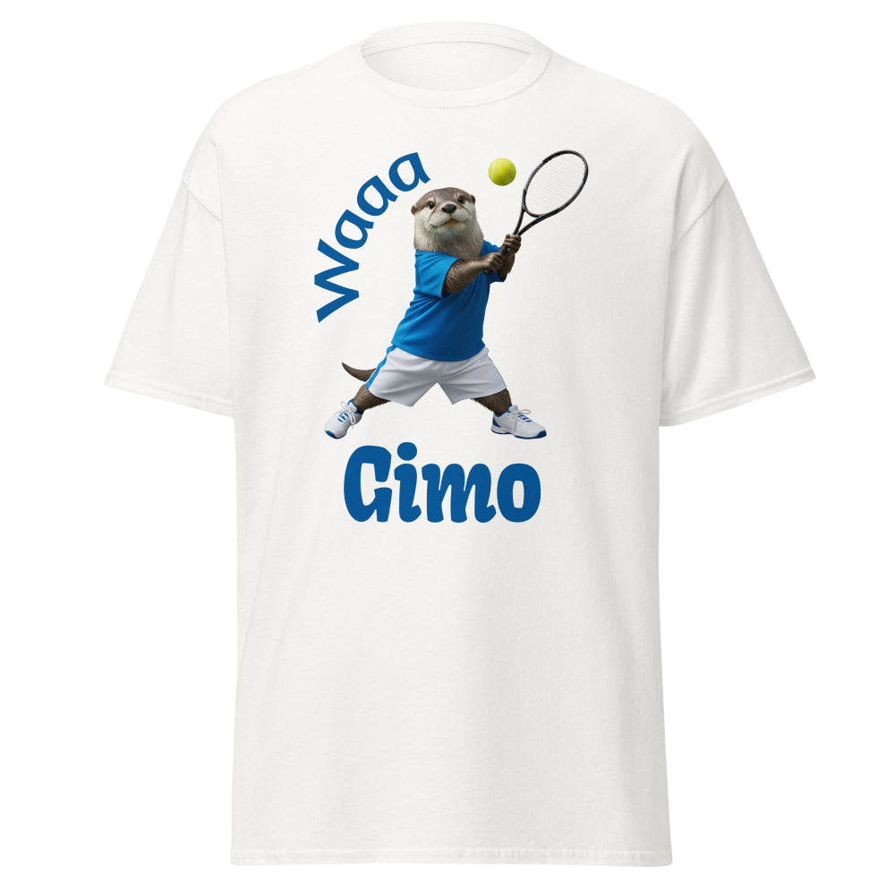White t-shirt with an otter playing tennis graphic and text on a white background