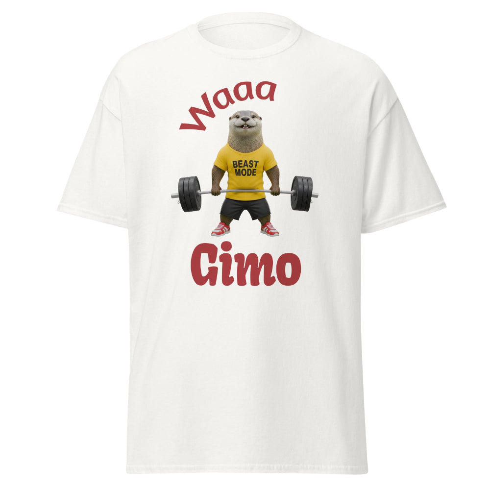 White t-shirt with a graphic of an otter lifting weights and text 'Waaa Gimo' on a white background