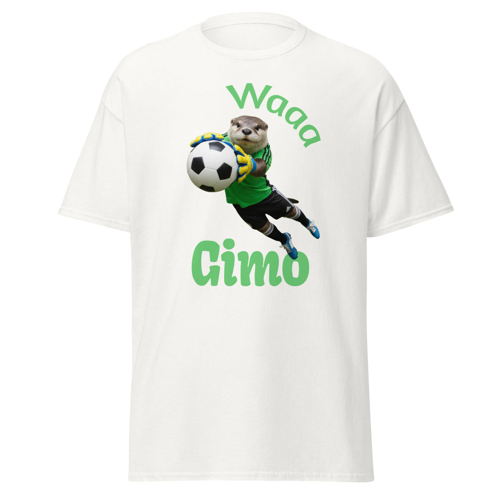 White t-shirt with a graphic of an otter playing soccer and text 'Waaa Gimo' on a white background