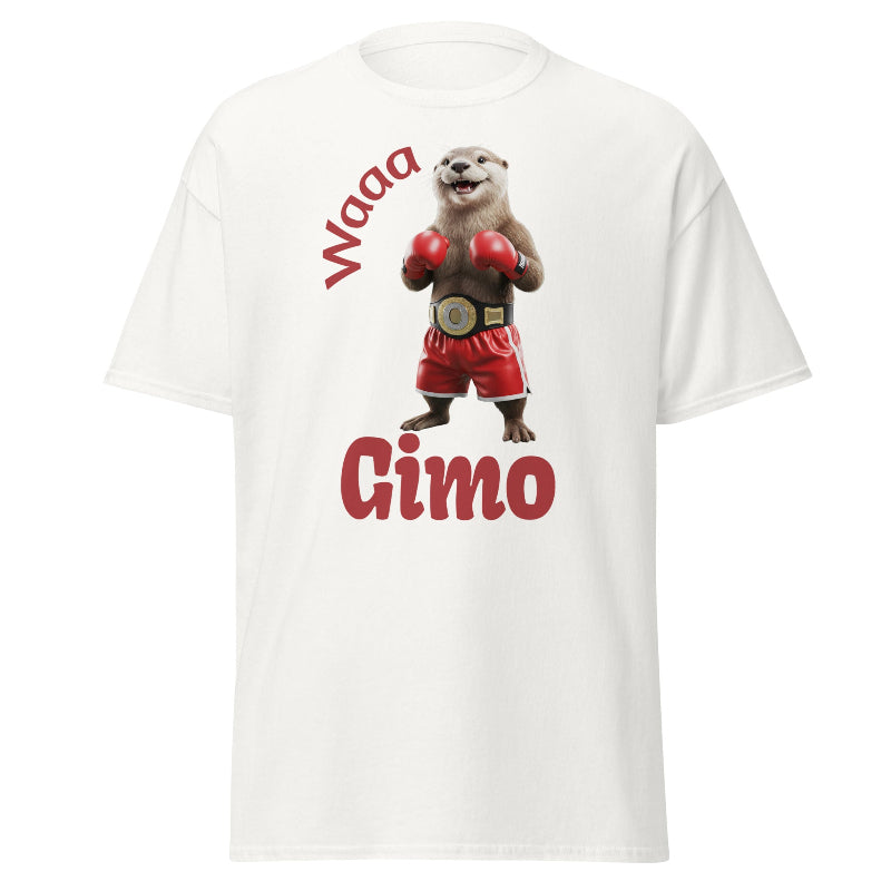 White t-shirt with a cartoon otter in boxing gloves and shorts, text 'Waaa' and 'Cimo', on a white background.