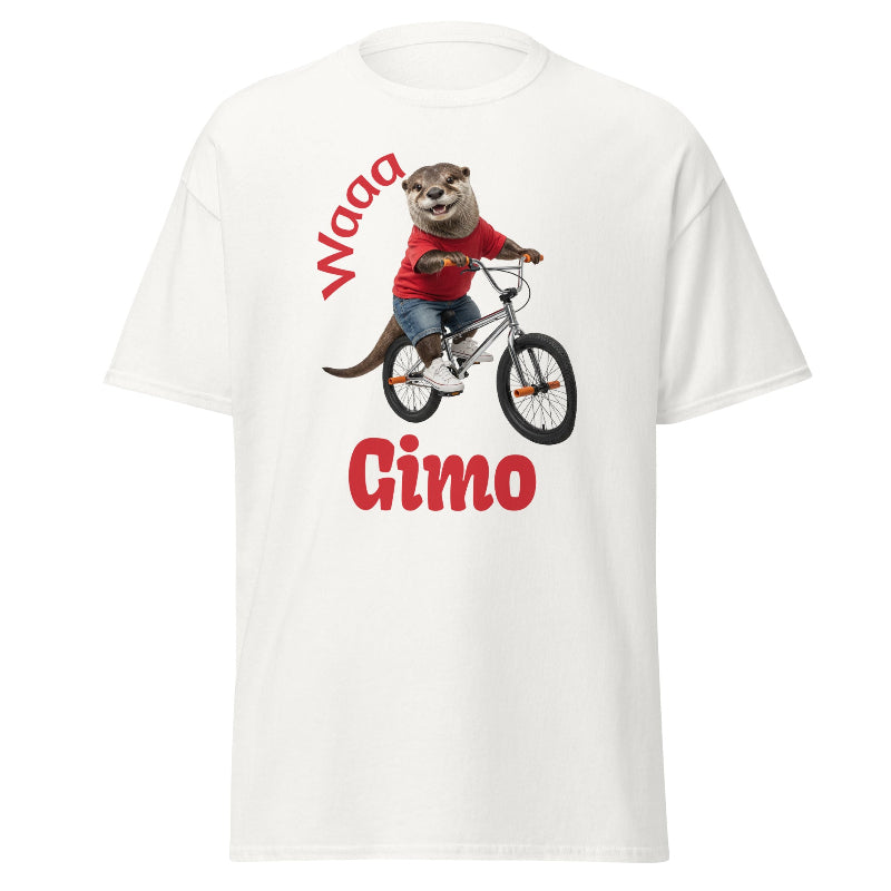 White t-shirt with cartoon otter on a bike and text 'Waa Gimo' on a white background