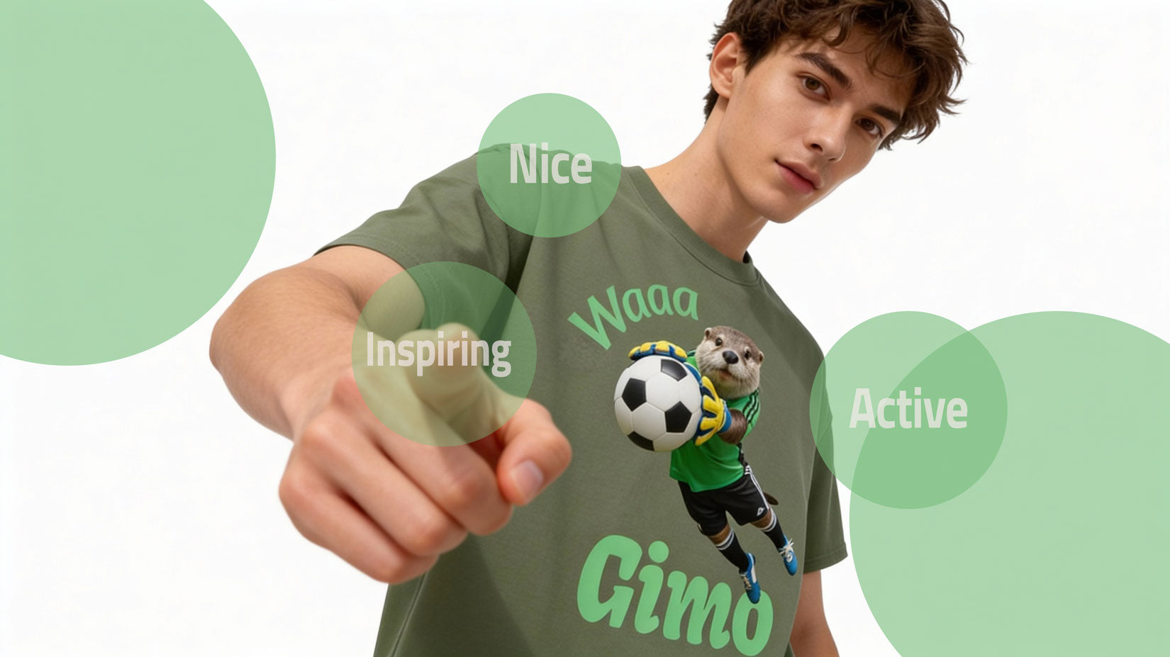 Young male wearing a green t-shirt with a football-themed goalkeeper,design and text, on a white background.