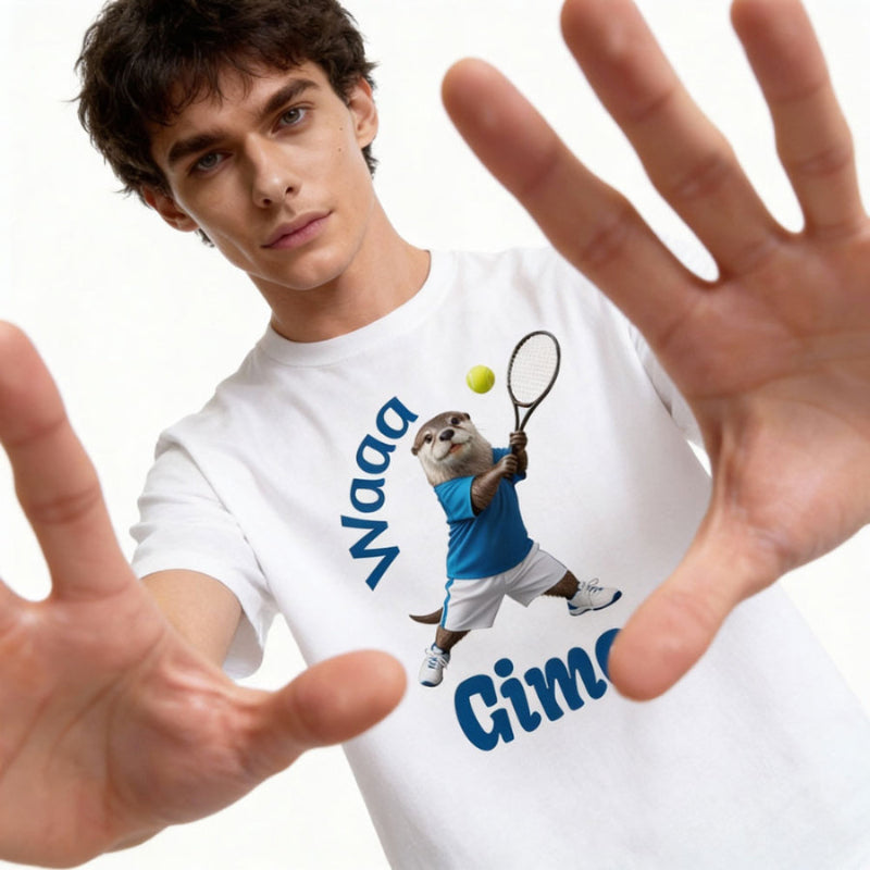 Young male wearing a white t-shirt with a graphic of an otter playing tennis and text, with hands reaching towards the camera.