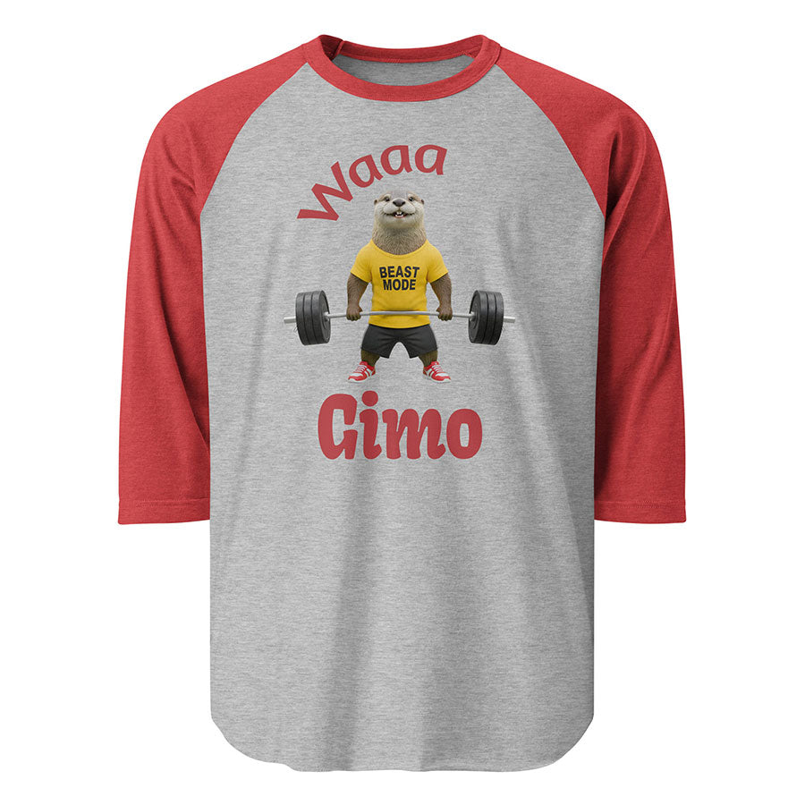 Youth grey and red raglan baseball t-shirt featuring a funny graphic of an otter lifting weights. The otter is wearing a yellow "Beast Mode" shirt and red sneakers, with the text "Waaa Gimo" printed around the design.