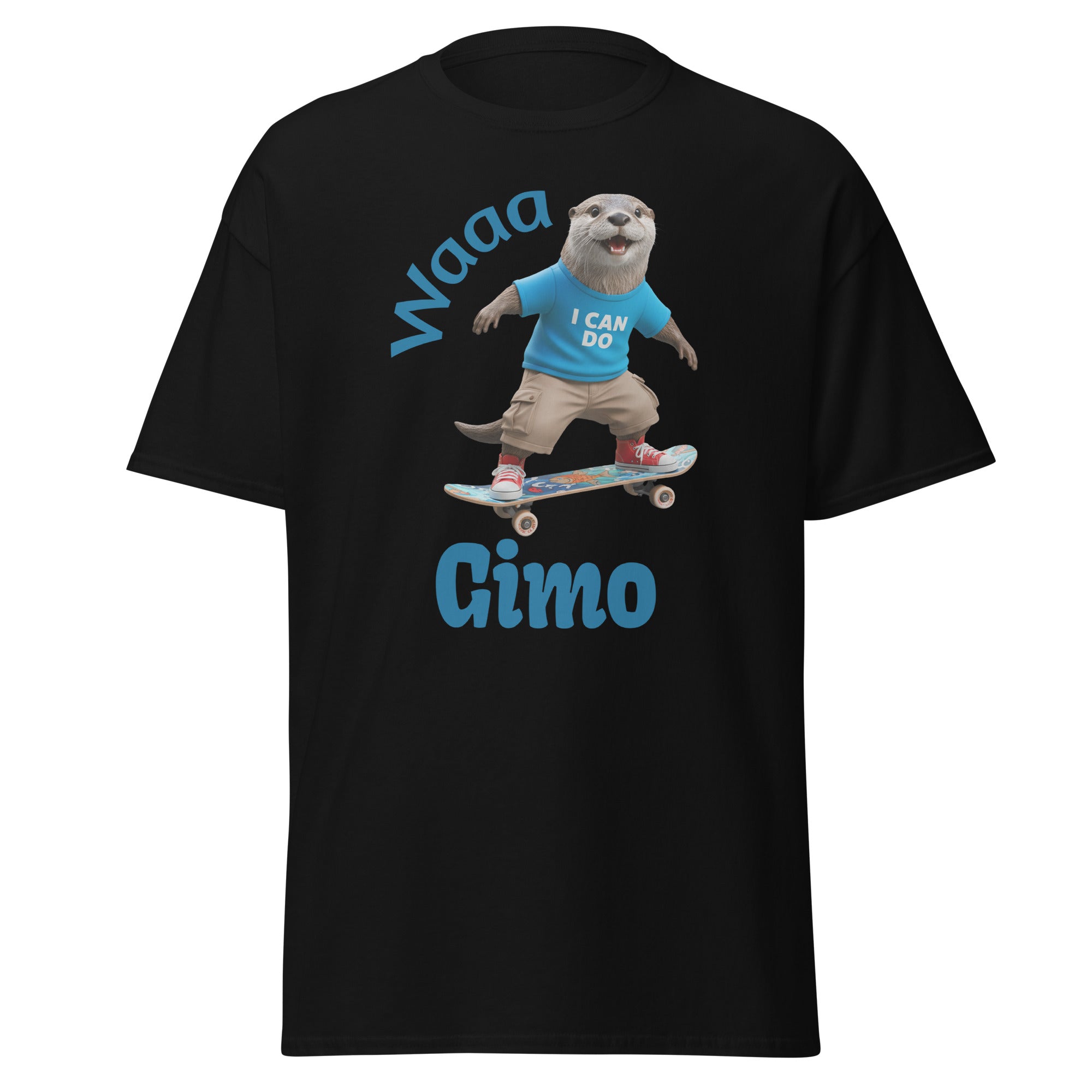 Black unisex graphic t-shirt featuring a cartoon otter riding a skateboard – fun streetwear design for casual and skate style by 3wear.co.