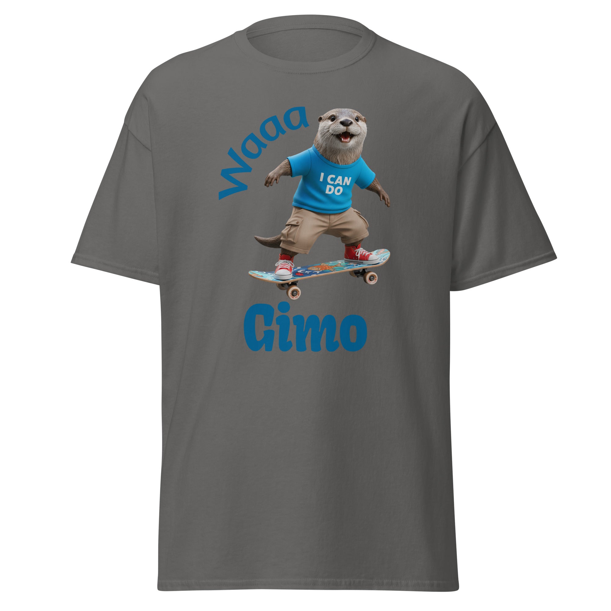 Charcoal gray unisex graphic t-shirt featuring a cartoon otter riding a skateboard – stylish streetwear design for casual and skate fashion by 3wear.co.