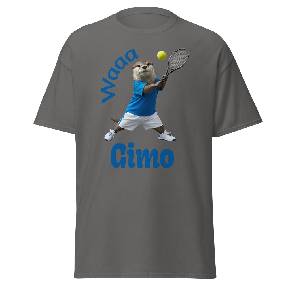T-shirt with a graphic of an otter playing tennis and text 'Waa Cimo' on a white background