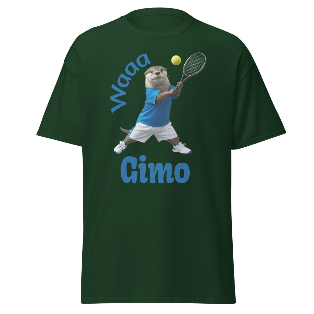  T-shirt  with an otter playing tennis graphic and text on a white background
