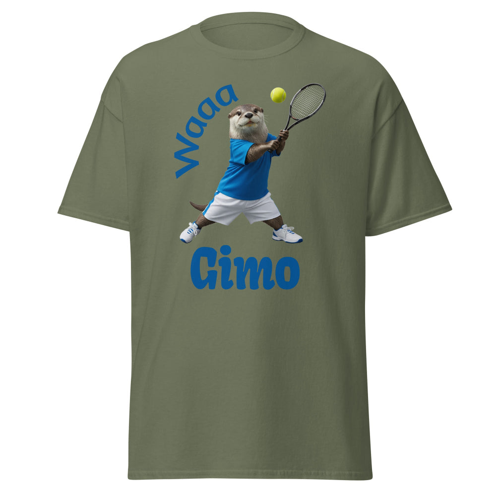 Green t-shirt with a graphic of a otter playing tennis and text 'Waaa Cimo' on a white background