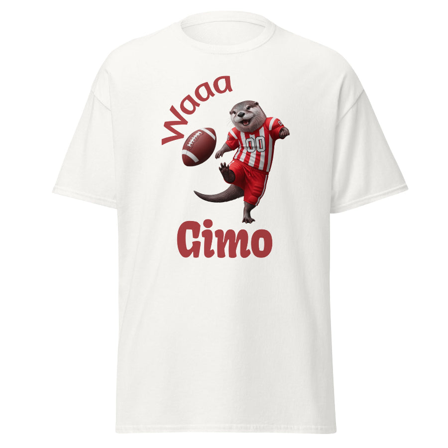 White t-shirt with cartoon character American football, and text on a white background
