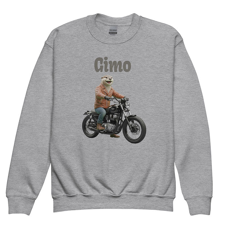 Youth crew neck sweatshirt in sport grey featuring a realistic otter riding a vintage motorcycle. The otter wears a brown leather jacket and jeans, with grey "Gimo" text printed above the rider.